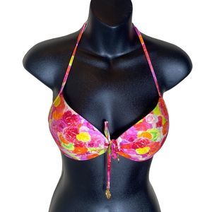 Luli fama medium halter and back tie multicolored floral roses bikini top